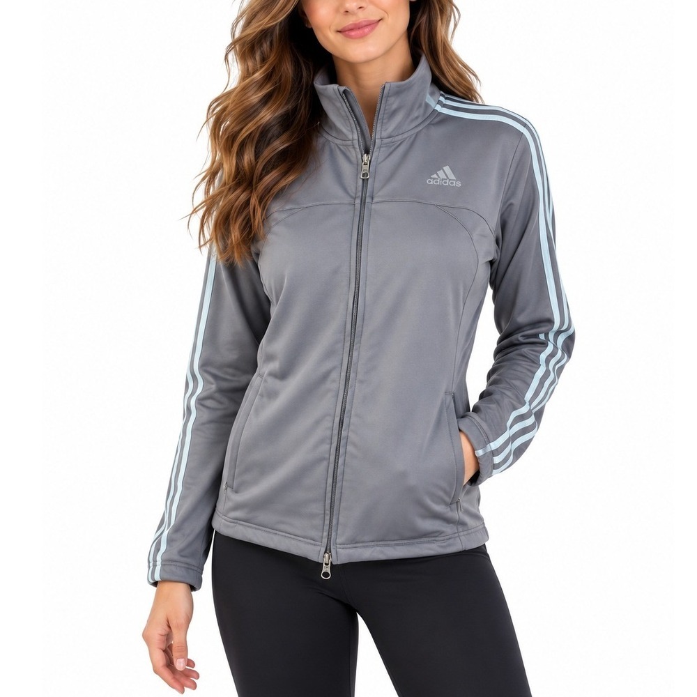 Adidas Womens Gray Light Blue 3-Stripe Full Zip Track Jacket Mock Neck Small